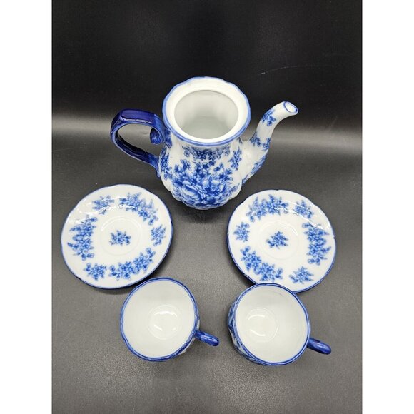Flow Blue Ironstone Floral Teapot No Lid And Pair Of Teacups W/ Saucers Vintage - Picture 4 of 16